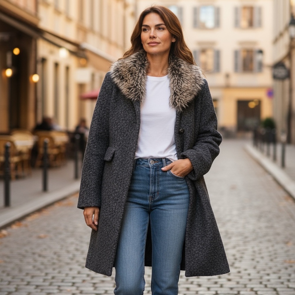 Dana Buchman Charcoal Pea Coat with Faux Fur Collar